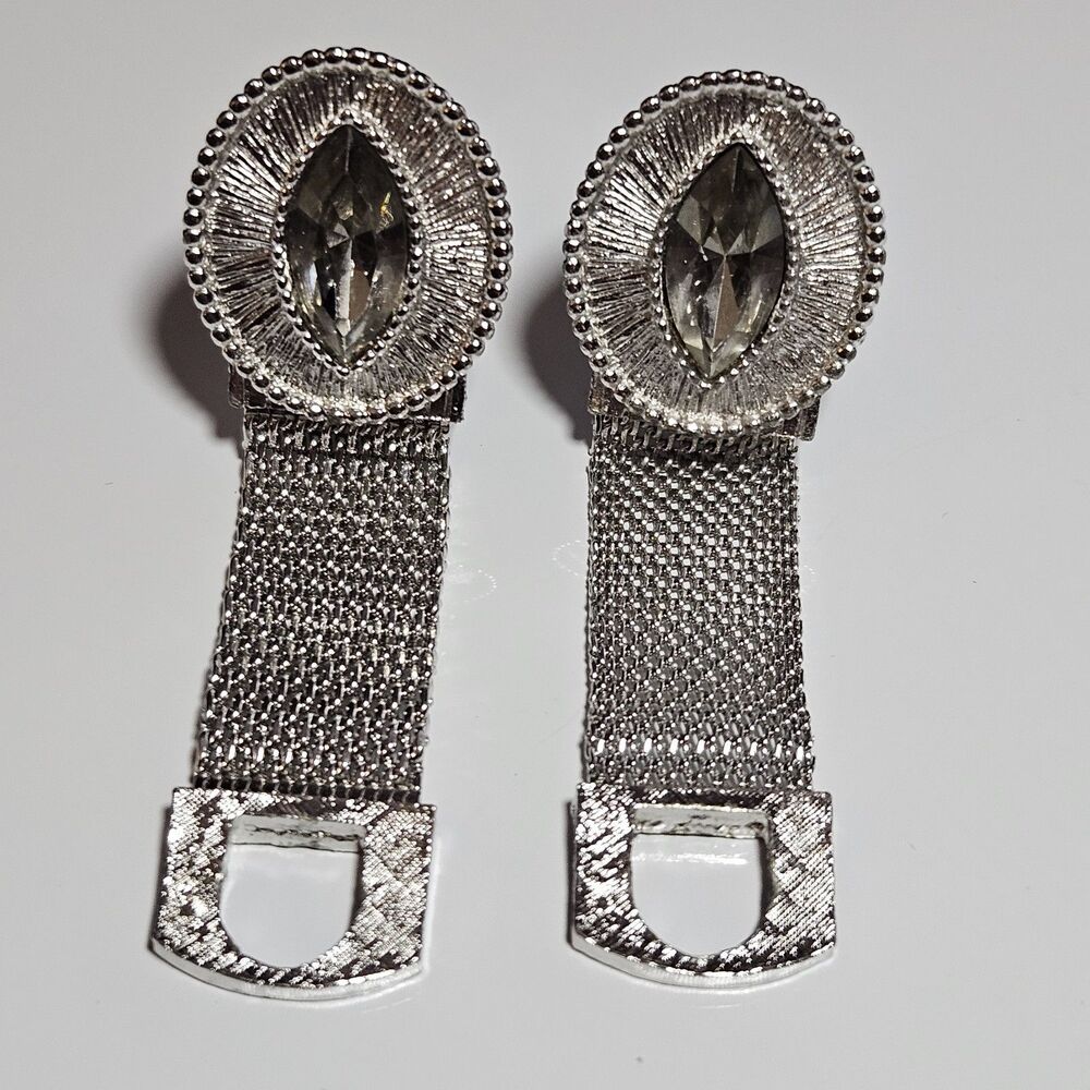 Vintage Swank Clear Marquise Shape Rhine Wrap Around Mesh Silver Tone Cuff Links - Picture 12 of 12